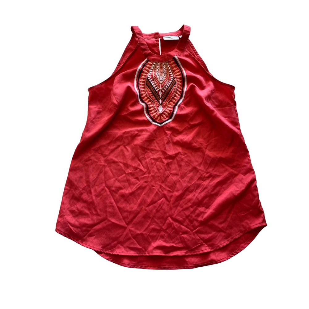 New York & Company Red Embroidered Halter Top Blouse XS Sleeveless Keyhole Back